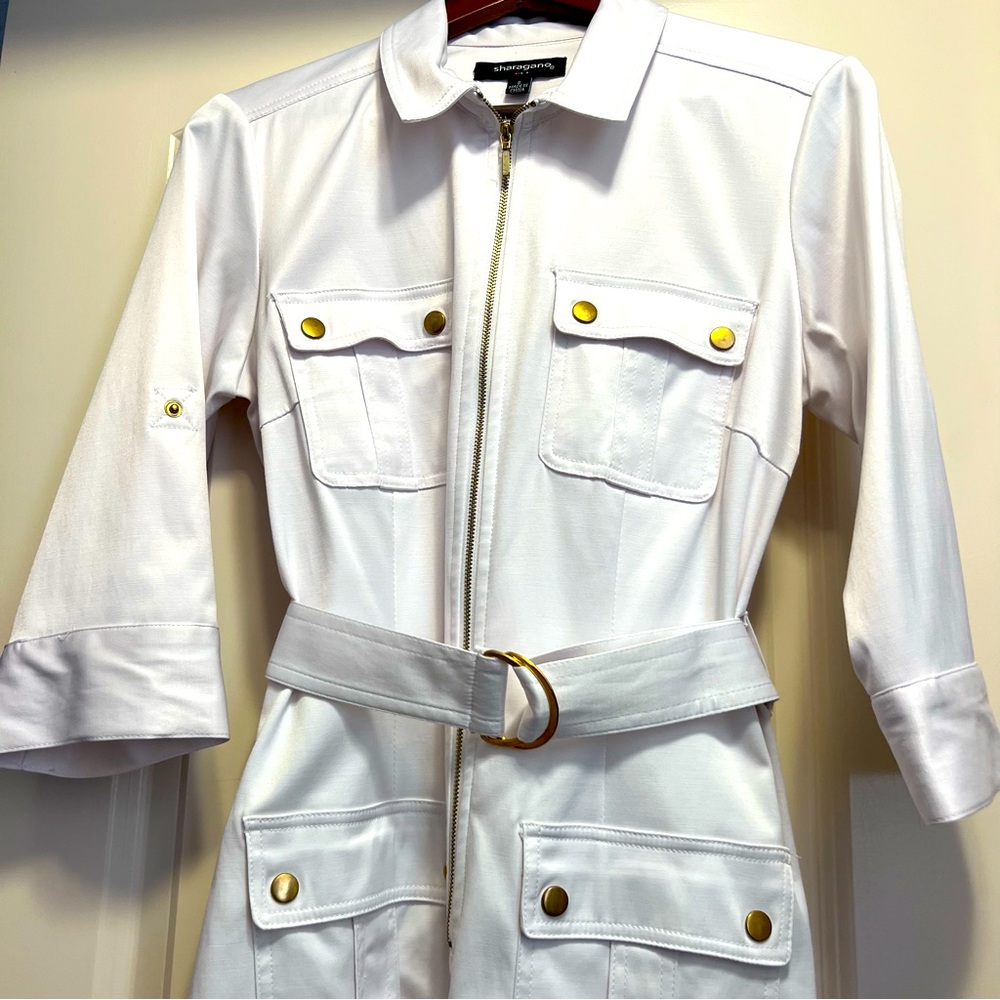 Sharagano White belted dress with Gold Buttons